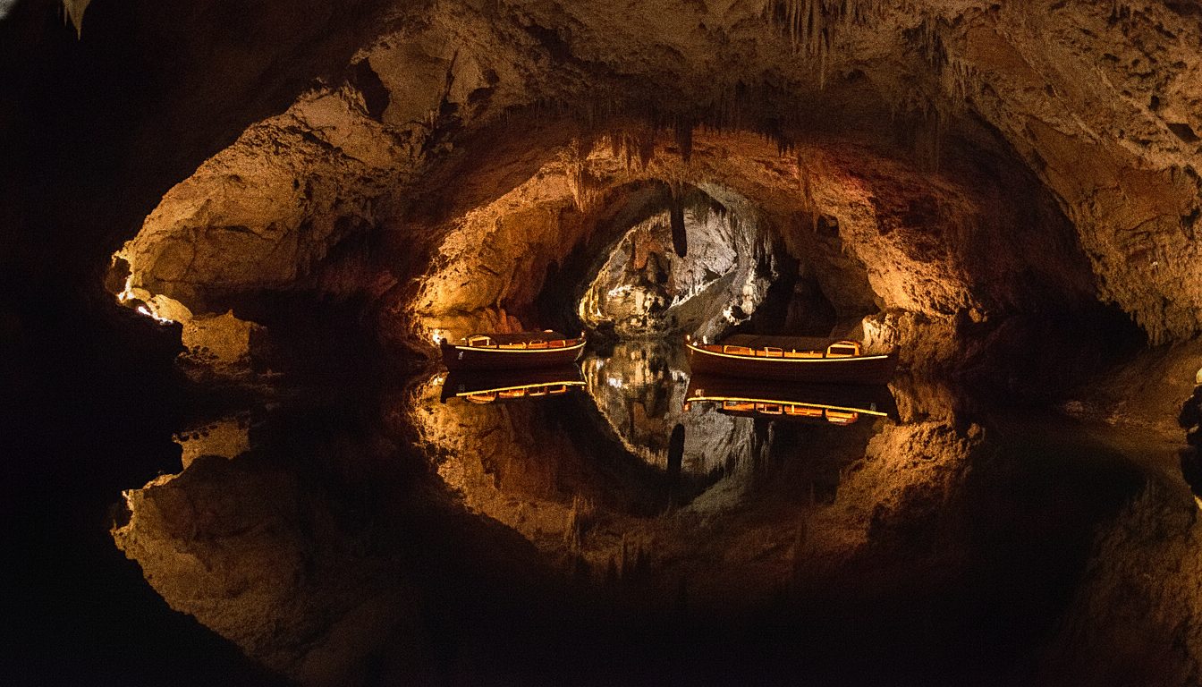 Bootjes op het ondergrondse Martelmeer in de Coves del Drach op Mallorca