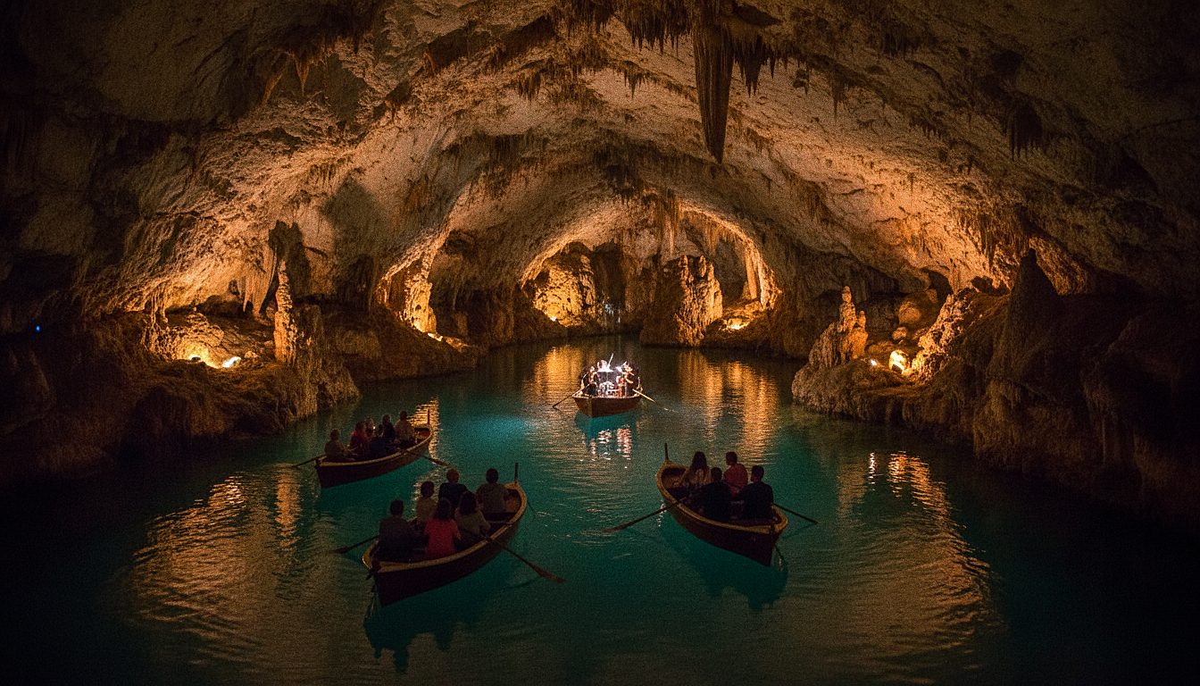 Bezoekers in een bootje tijdens het concert op het Martelmeer in de Coves del Drach